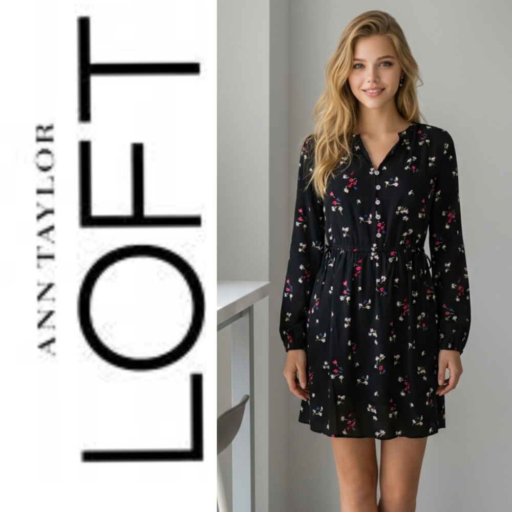 LOFT Black Dress with Pink Floral Pattern